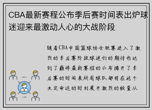 CBA最新赛程公布季后赛时间表出炉球迷迎来最激动人心的大战阶段