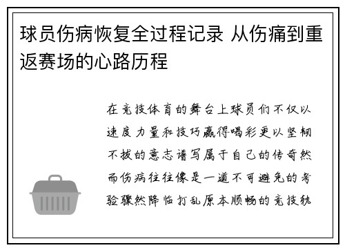 球员伤病恢复全过程记录 从伤痛到重返赛场的心路历程